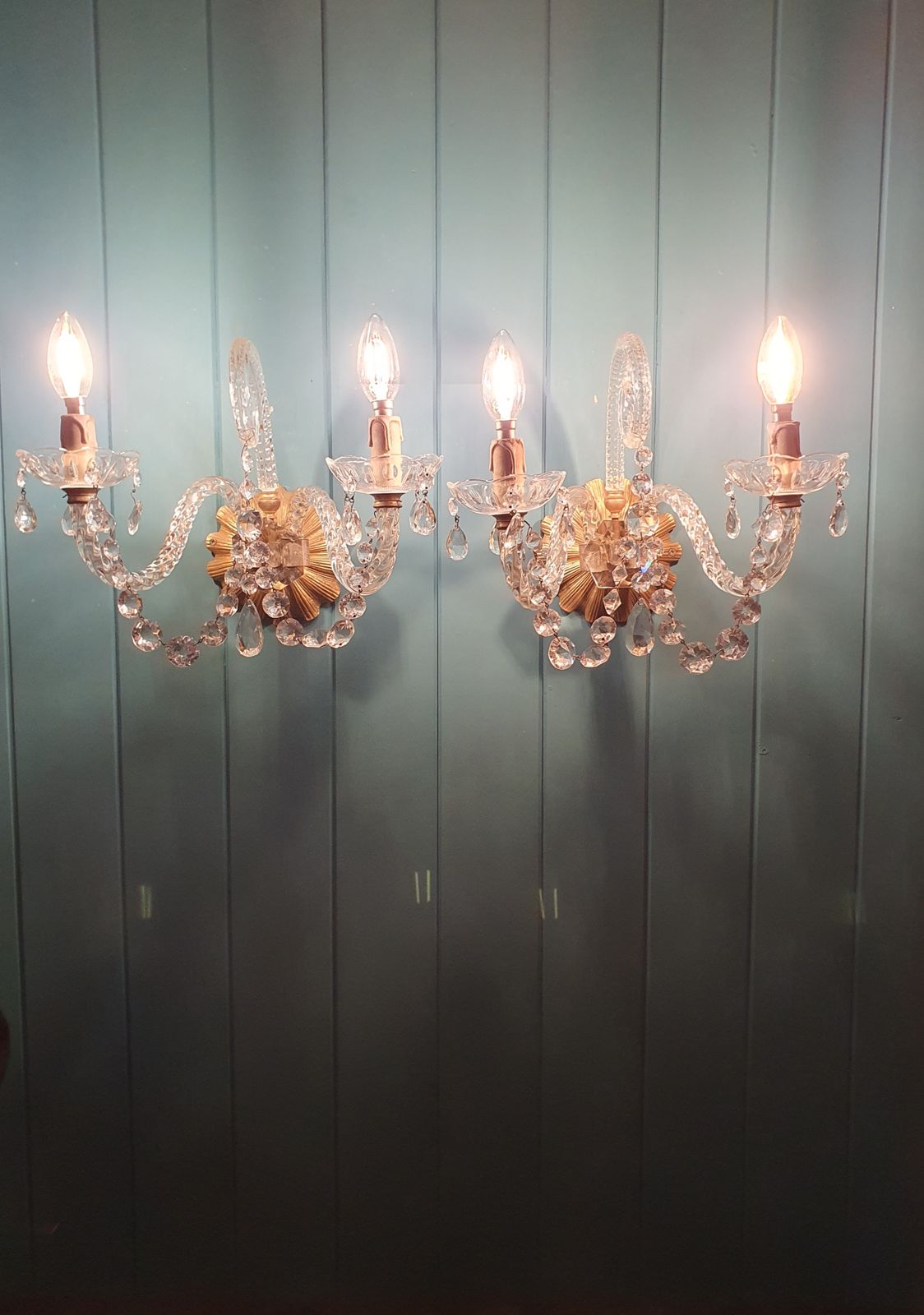 Pair Of Early 20th Century Antique Glass And Brass Wall Lights French photo buy