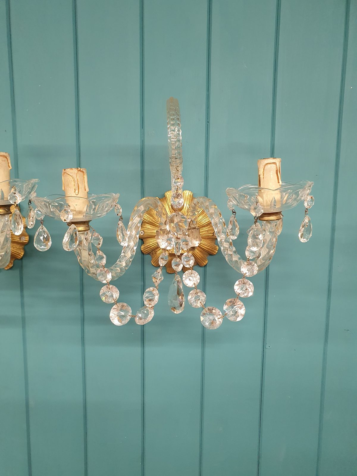 Pair Of Early 20th Century Antique Glass And Brass Wall Lights French photo vintage