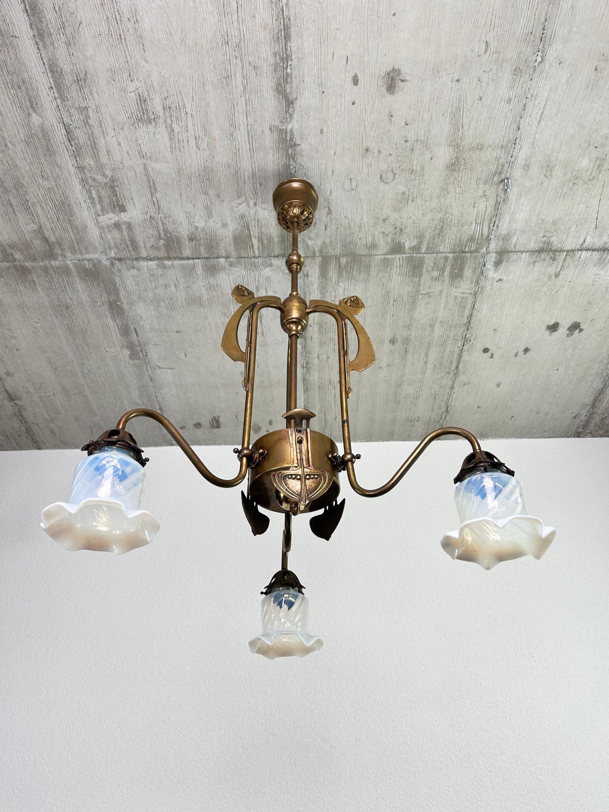 Art Nouveau Three Arm Chandelier With Opal Iridescent Glass photo for sale
