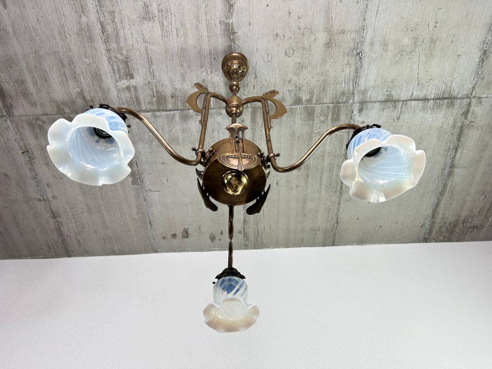 photo furniture Art Nouveau Three Arm Chandelier With Opal Iridescent Glass