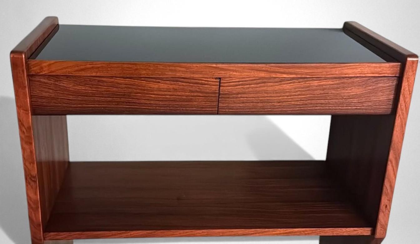 photo buy Mid Century Modern Italian Console In Red Walnut With Black Glass Top