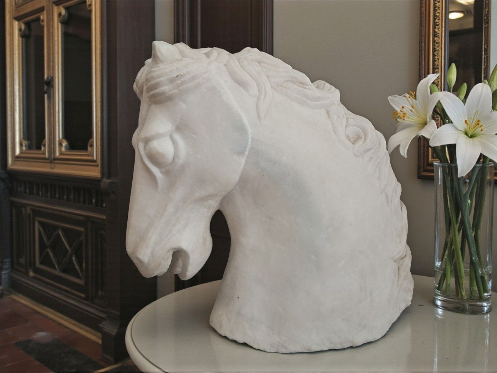 Vintage Large Horse Head Bust Sculpture White Marble Ancient Greek Style 35cm
