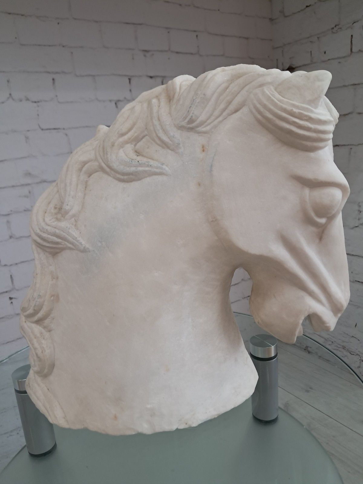 photo vinterior Vintage Large Horse Head Bust Sculpture White Marble Ancient Greek Style 35cm