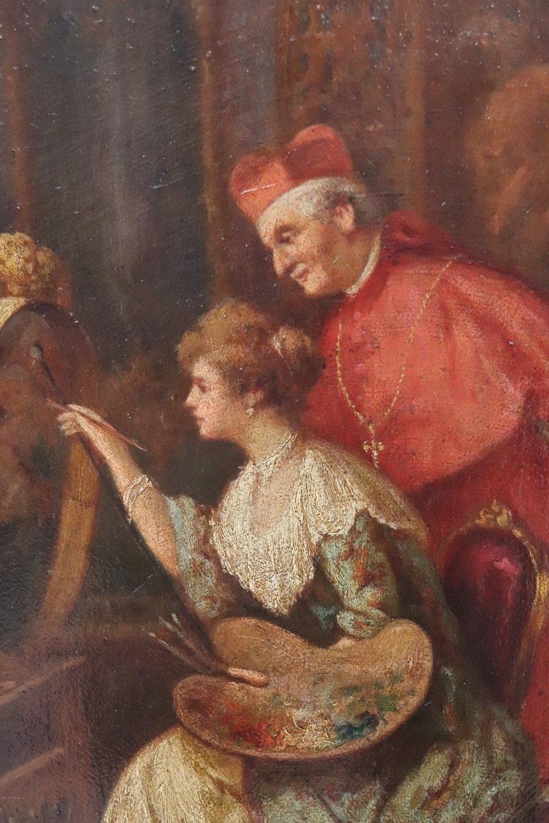 Italian School Artist, Young Woman Painter With Cardinal, Oil Painting On Cardboard, 19th Century, Framed photo vinterior
