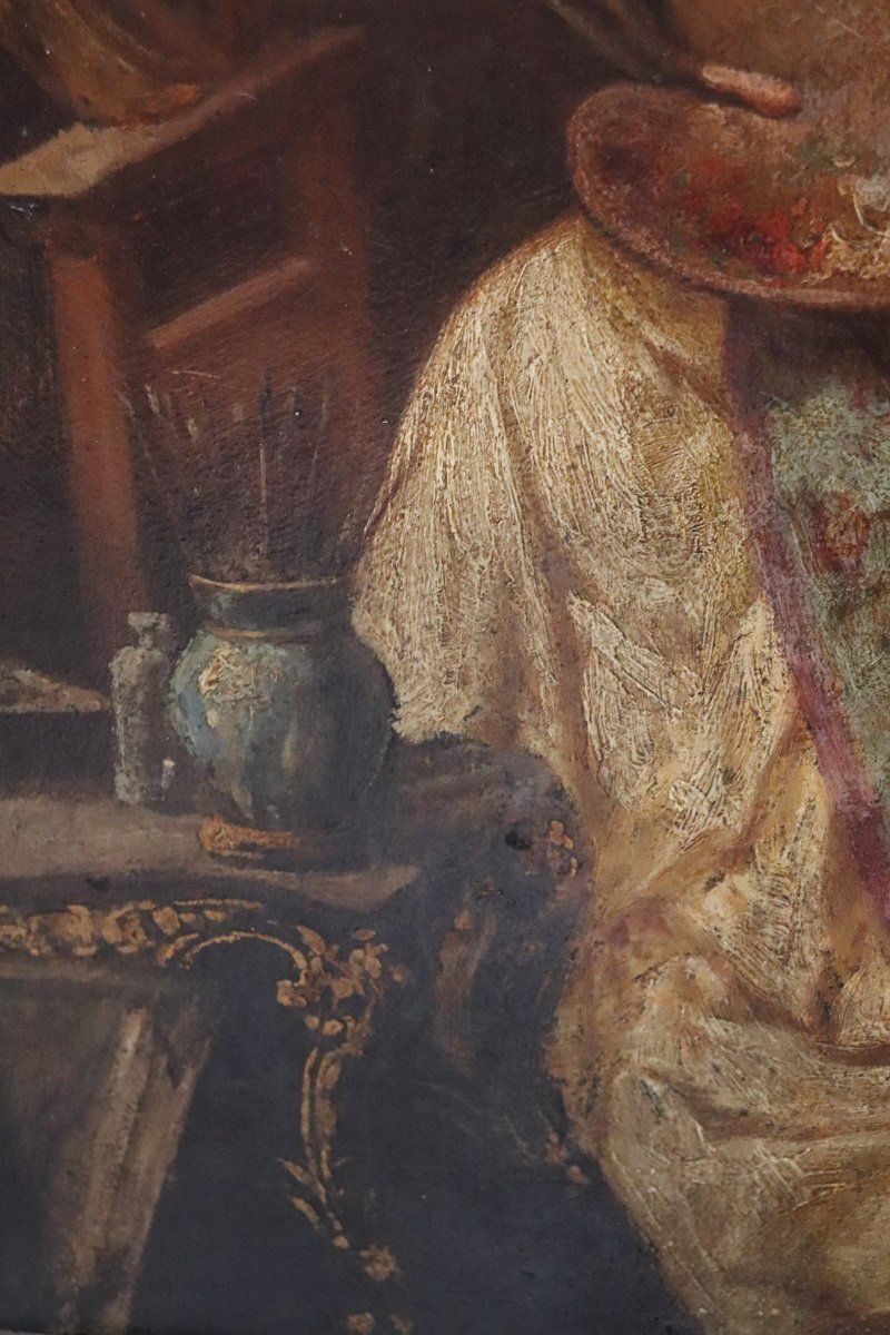 photo vinterior Italian School Artist, Young Woman Painter With Cardinal, Oil Painting On Cardboard, 19th Century, Framed