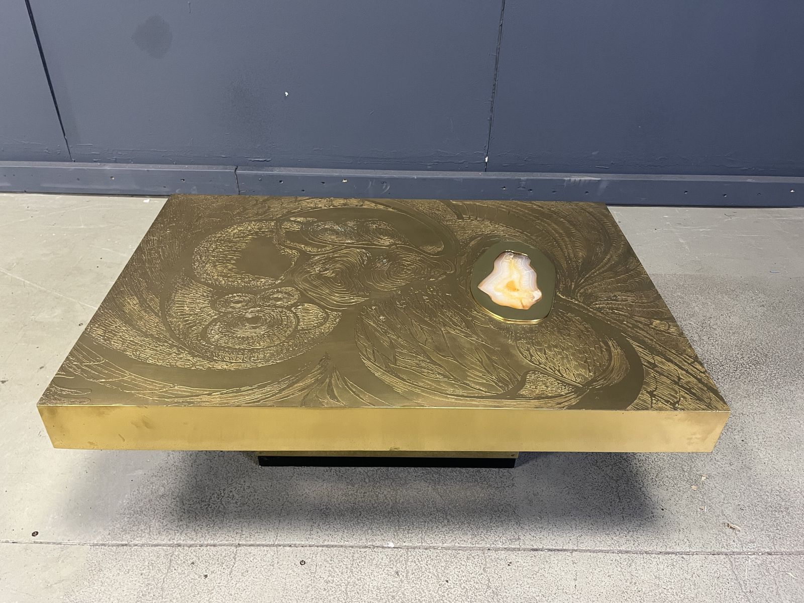 Etched Brass And Inlaid Agate Coffee Table By Felix De Boussy, Belgium photo vintage