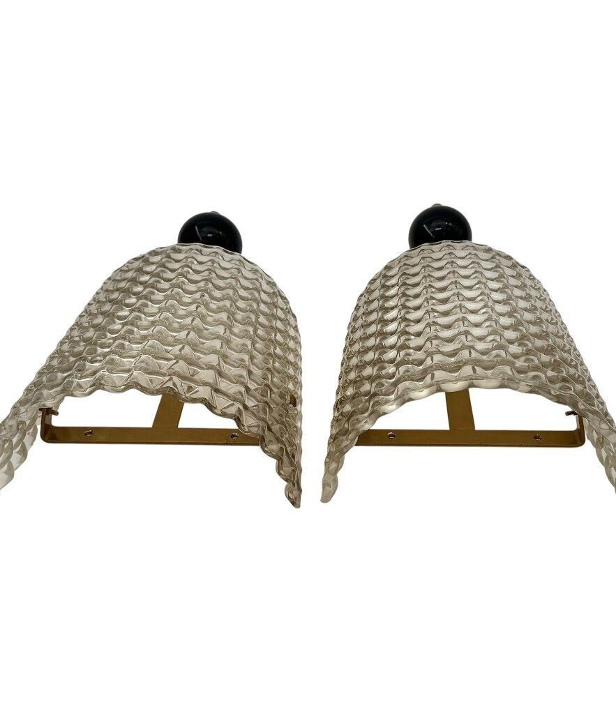 photo for sale A Pair Of Art Deco Style Smoked Murano Glass Wall Sconces With Black Glass Detail.