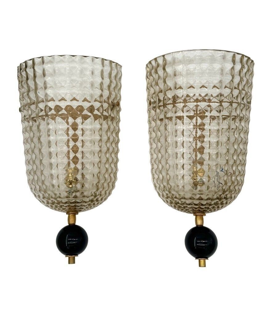 2475.0 A Pair Of Art Deco Style Smoked Murano Glass Wall Sconces With Black Glass Detail. photo