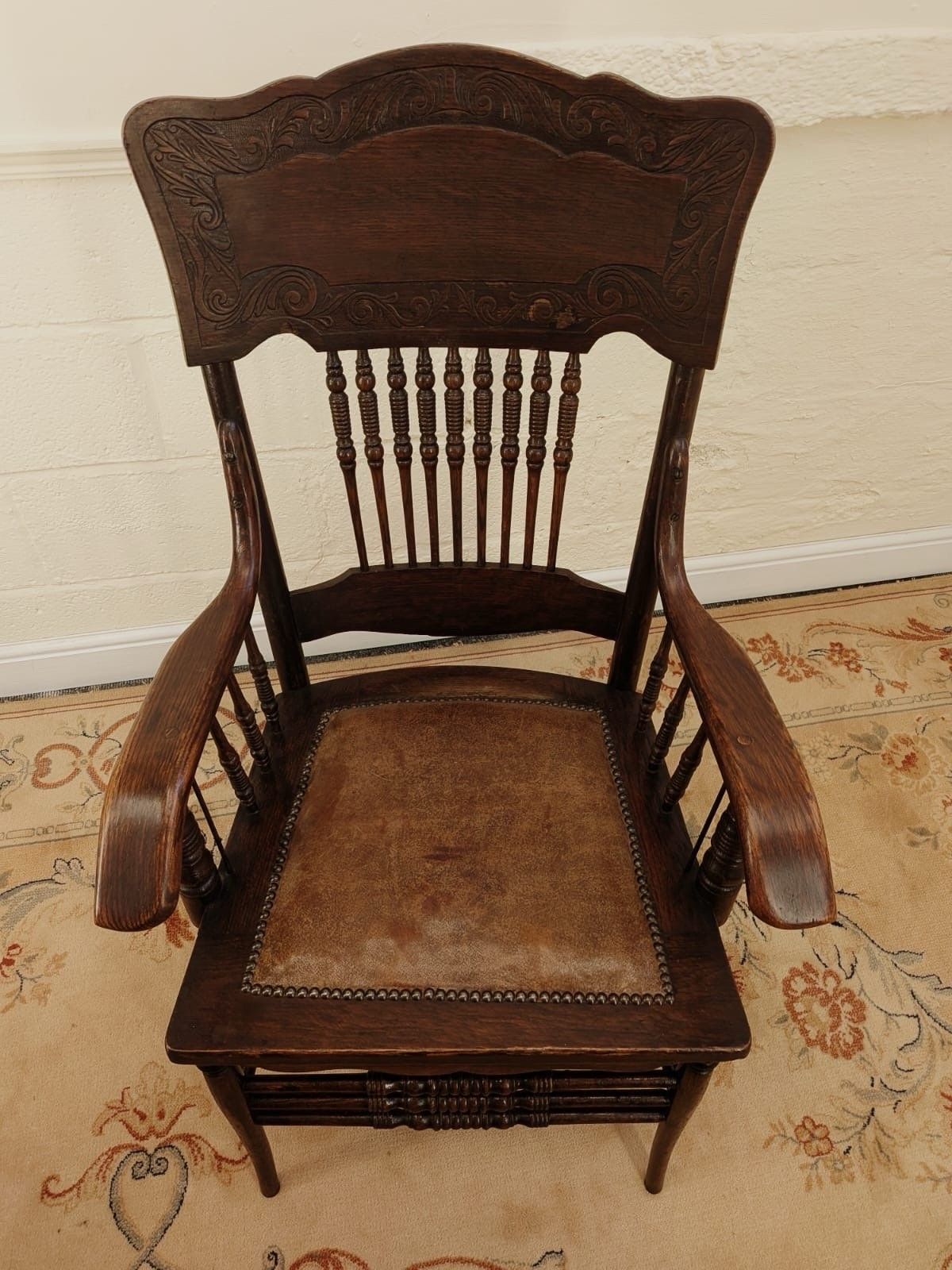 Victorian Carved Oak Vernacular Spindle Back Arm Chair photo for sale