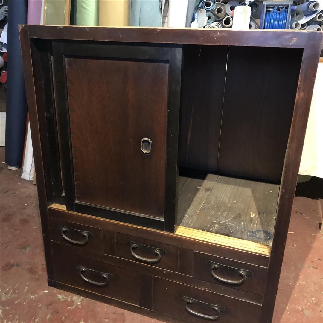 Vintage Japanese Elm And Pine Wood Tansu Cabinet With Slidingdoors And Five Drawers photo vinterior