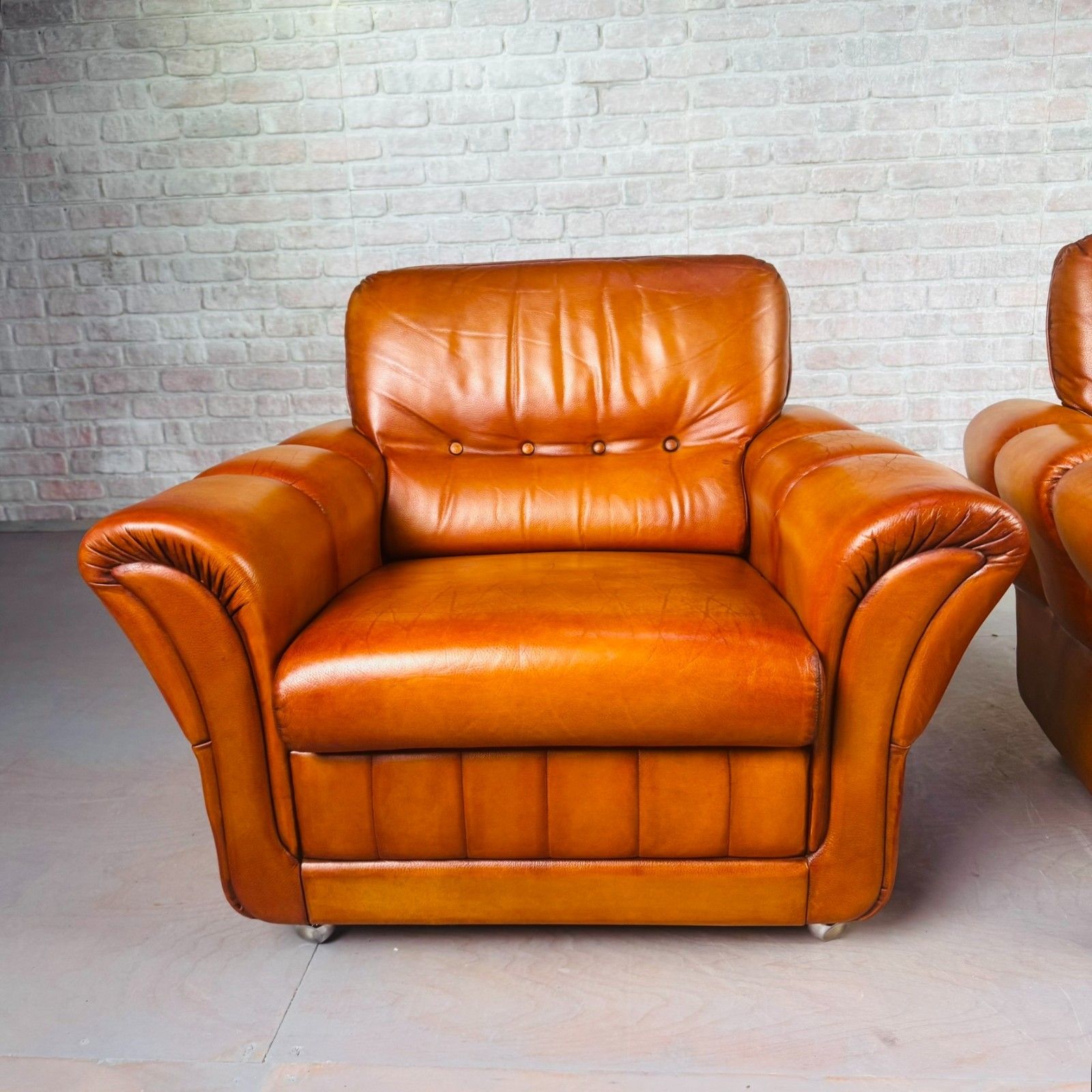 Pair Of Vintage Danish Cognac Leather Armchairs – Hand Dyed Patina #A804 photo buy