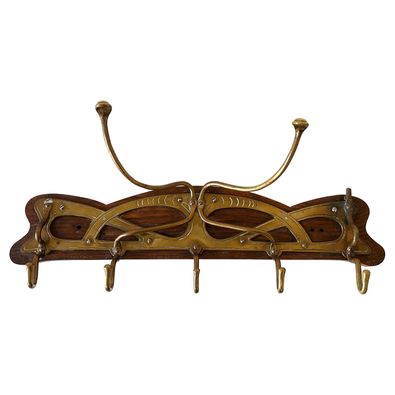Original Art Nouveau Brass & Wood Coat Rack Or Hanger Germany 1900s