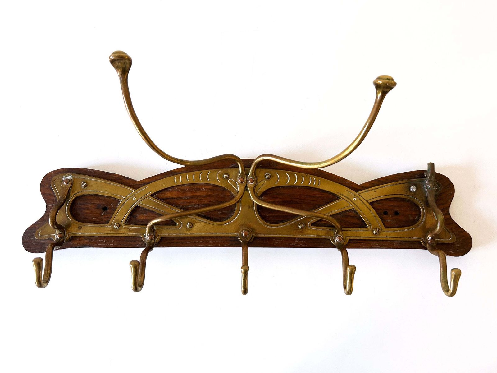 Original Art Nouveau Brass & Wood Coat Rack Or Hanger Germany 1900s photo furniture
