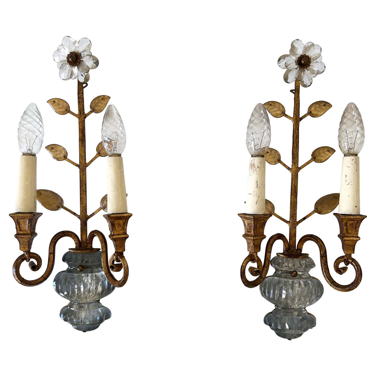 Set Of Two Banci Firenze Crystal & Gilt Metal Sconces Or Wall Lamps 1960s Italy