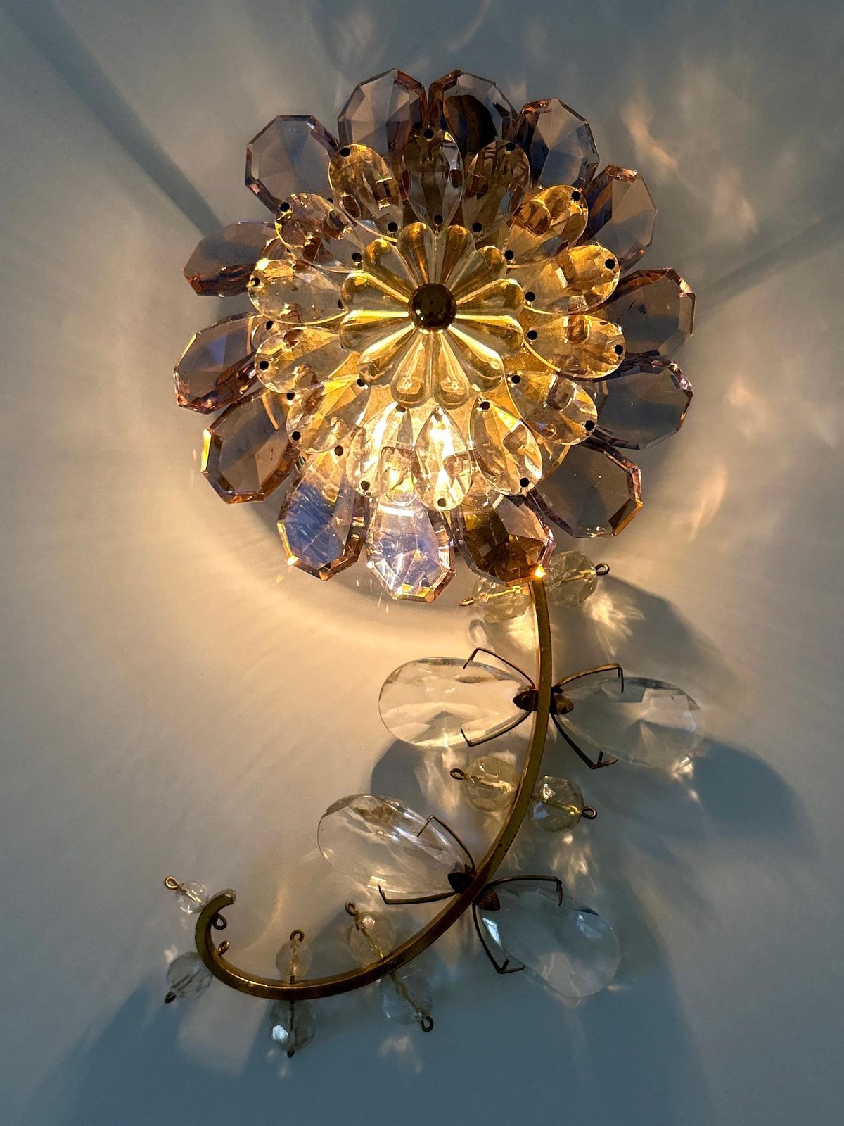 Amazing Palwa Iridescent Crystal Glass & Brass Flower Sconce Or Wall Lamp 1960s photo furniture
