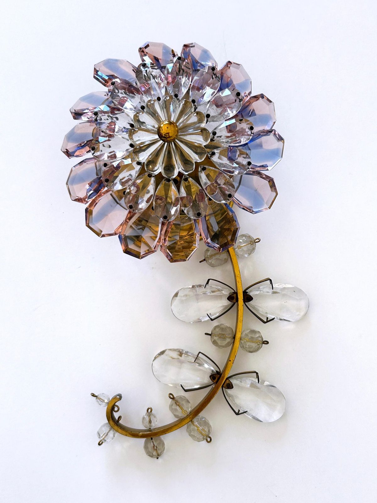 Lighting Amazing Palwa Iridescent Crystal Glass & Brass Flower Sconce Or Wall Lamp 1960s photo