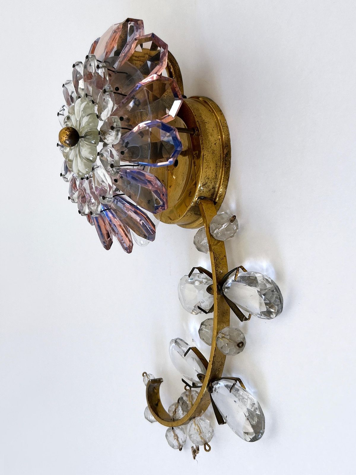 photo buy Amazing Palwa Iridescent Crystal Glass & Brass Flower Sconce Or Wall Lamp 1960s