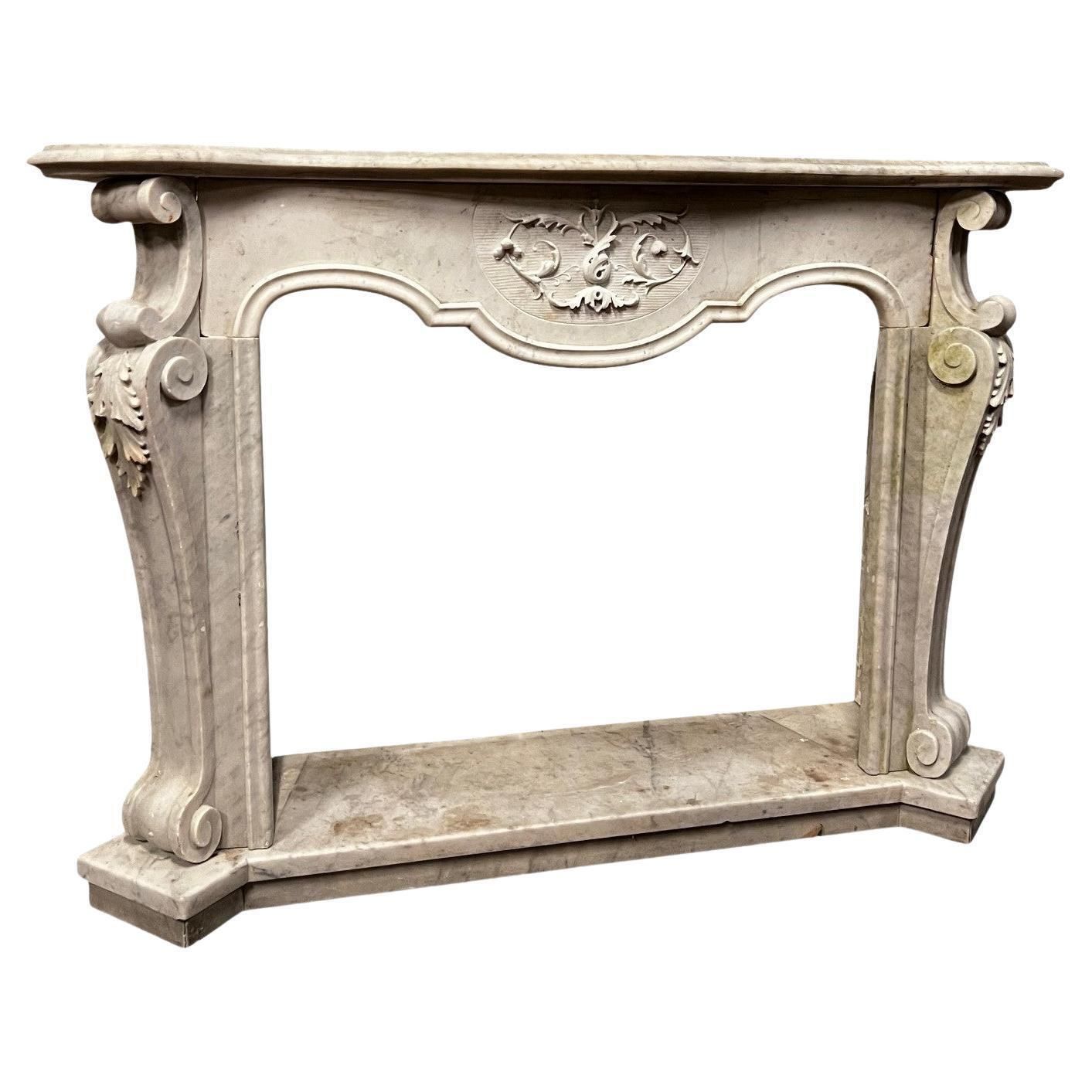 White Carrara Marble Fireplace, Richly Carved And Complete With Base, Italy