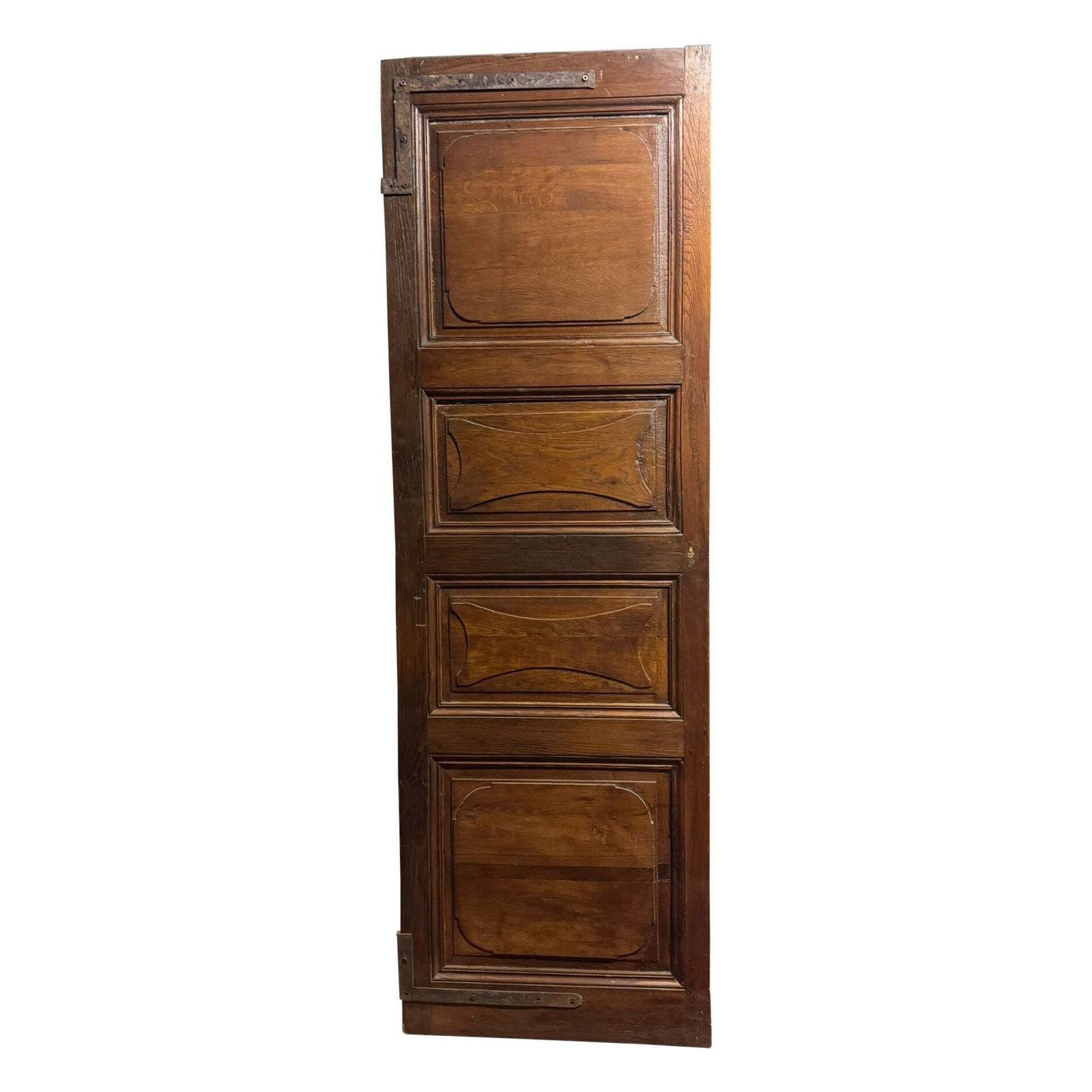 Chestnut Door With Carved Panels, Double Sided And With Original Irons, Italy