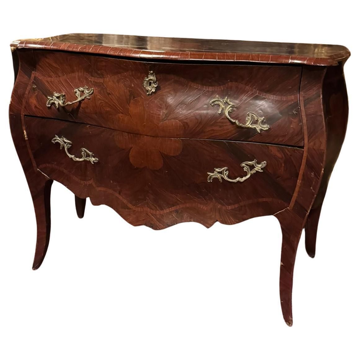 Rounded Chest Of Drawers In Briar Walnut Wood, Panelled And Inlaid, Italy