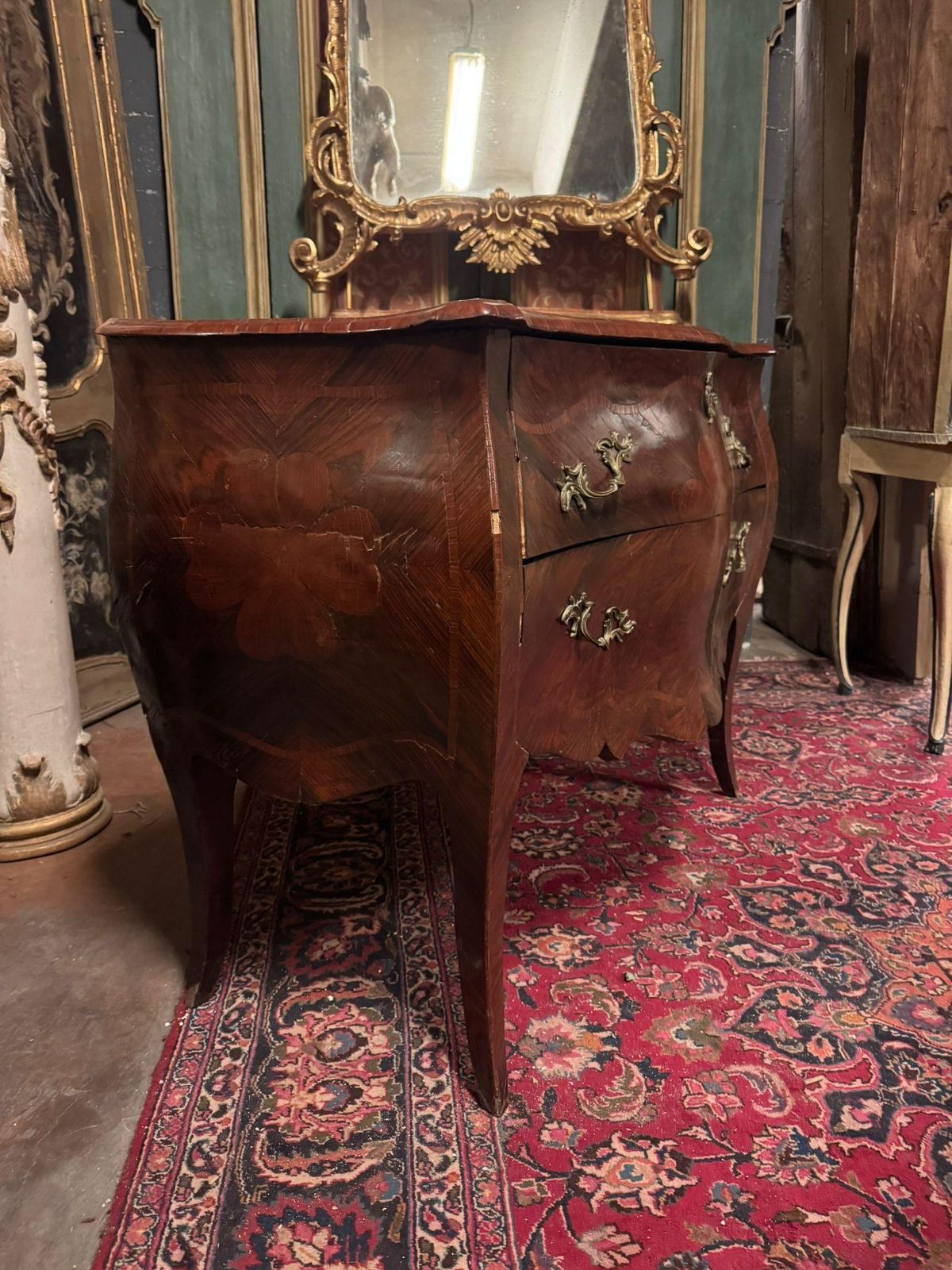 Rounded Chest Of Drawers In Briar Walnut Wood, Panelled And Inlaid, Italy photo vintage