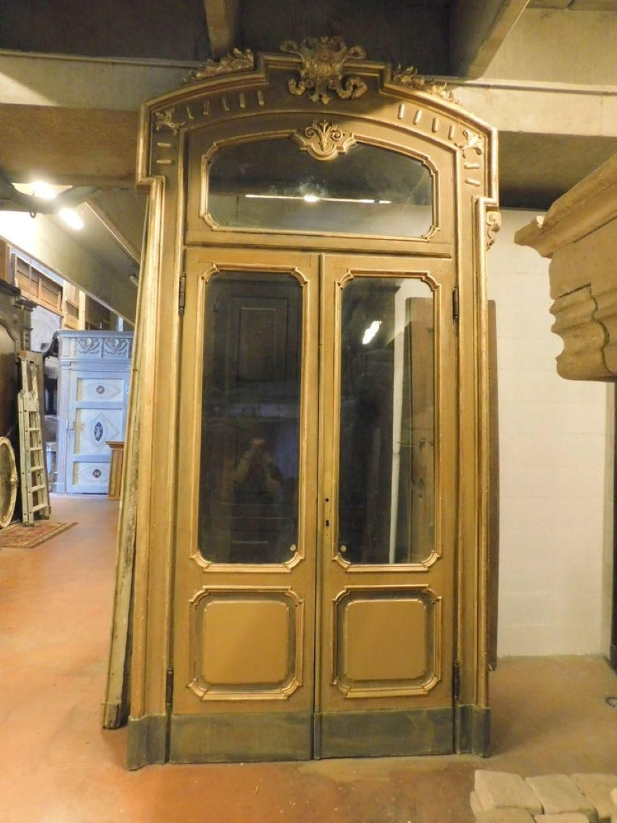 Set N.4 Doors Wood Lacquered Gold Green With Glass And Big Frame, Milan Italy photo 5413.0