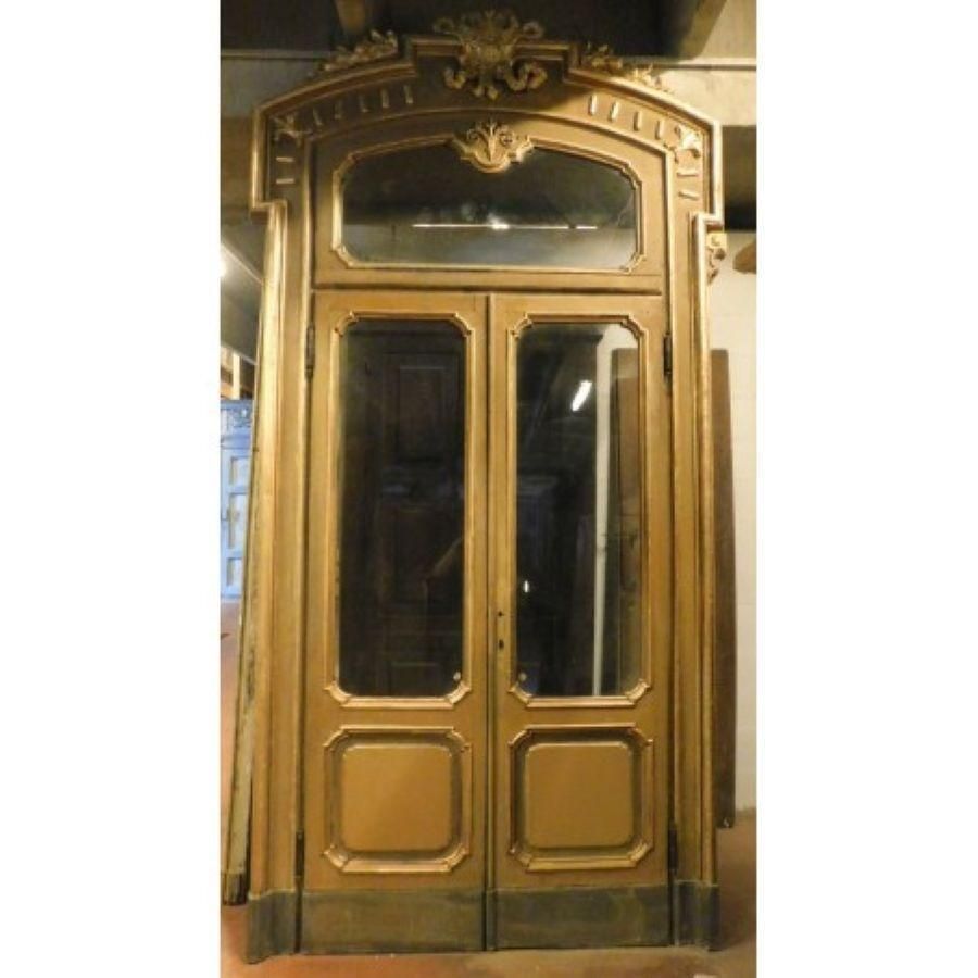 photo furniture Set N.4 Doors Wood Lacquered Gold Green With Glass And Big Frame, Milan Italy