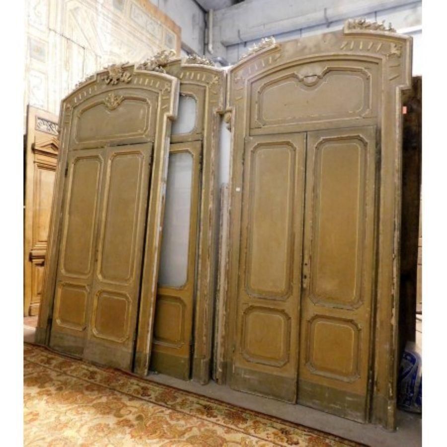 photo vinterior Set N.4 Doors Wood Lacquered Gold Green With Glass And Big Frame, Milan Italy