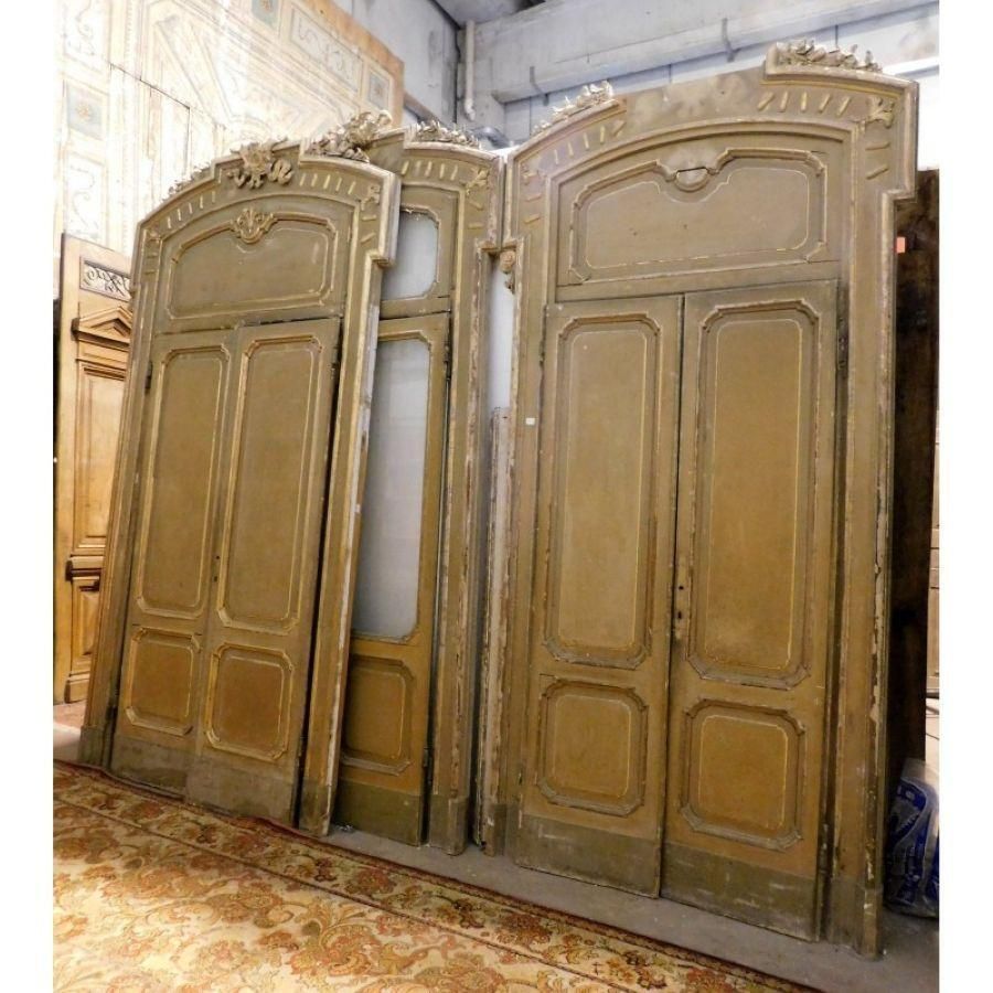 photo buy Set N.4 Doors Wood Lacquered Gold Green With Glass And Big Frame, Milan Italy