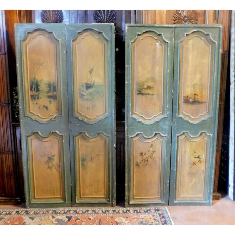 Set Of 2 Double Green And Yellow Lacquered Doors Painted Landscapes, Italy photo furniture