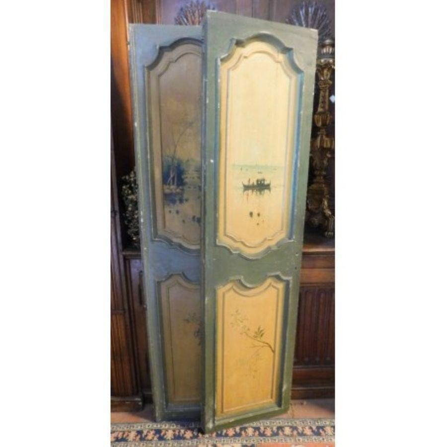 Set Of 2 Double Green And Yellow Lacquered Doors Painted Landscapes, Italy photo for sale