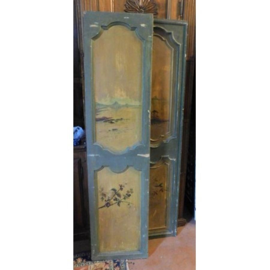 Set Of 2 Double Green And Yellow Lacquered Doors Painted Landscapes, Italy photo Home Fixtures
