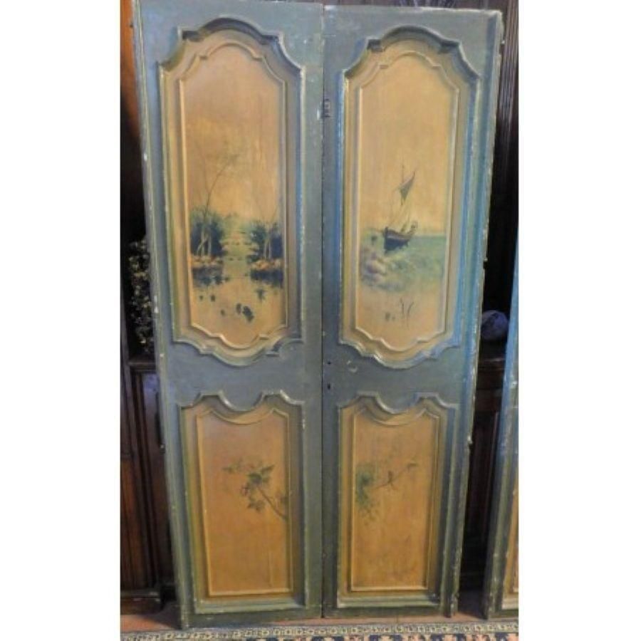 Set Of 2 Double Green And Yellow Lacquered Doors Painted Landscapes, Italy photo vinterior