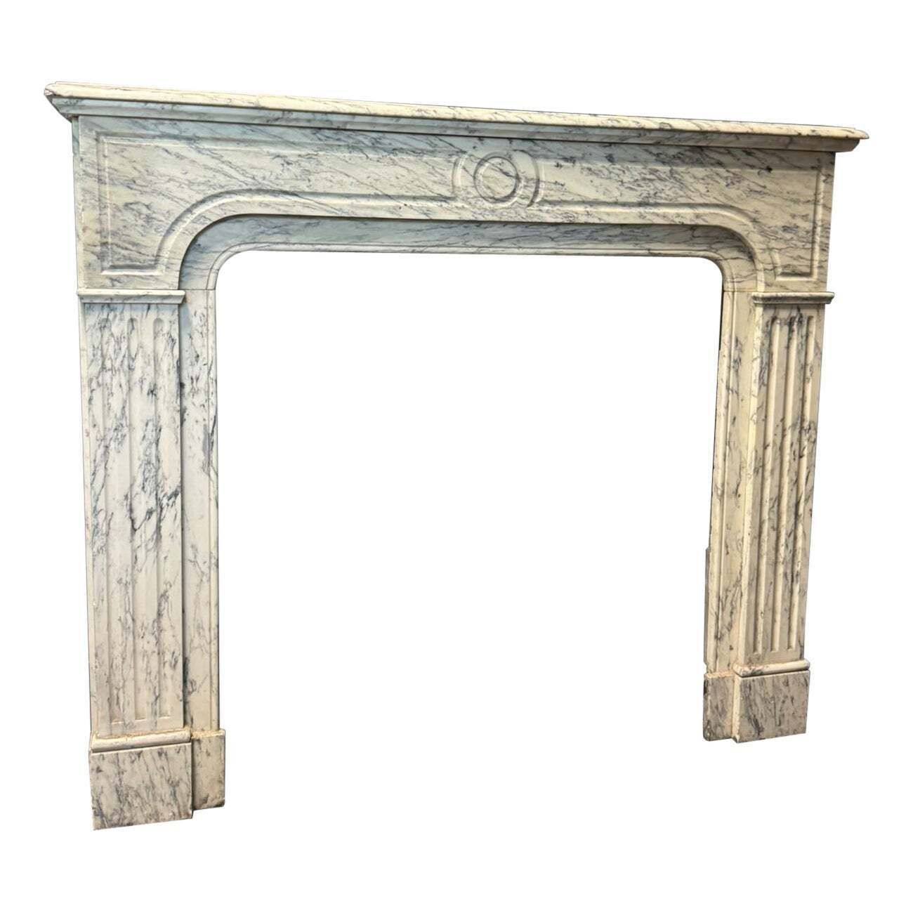 White Veined Marble Mantle Fireplace, Carved Pompadour, Italy