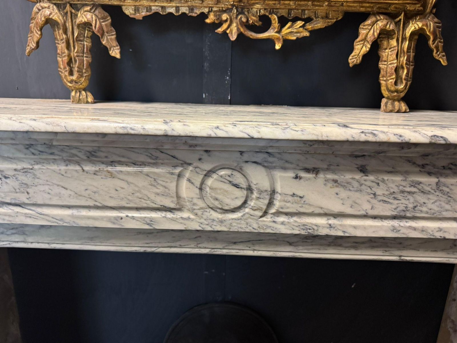 White Veined Marble Mantle Fireplace, Carved Pompadour, Italy photo buy