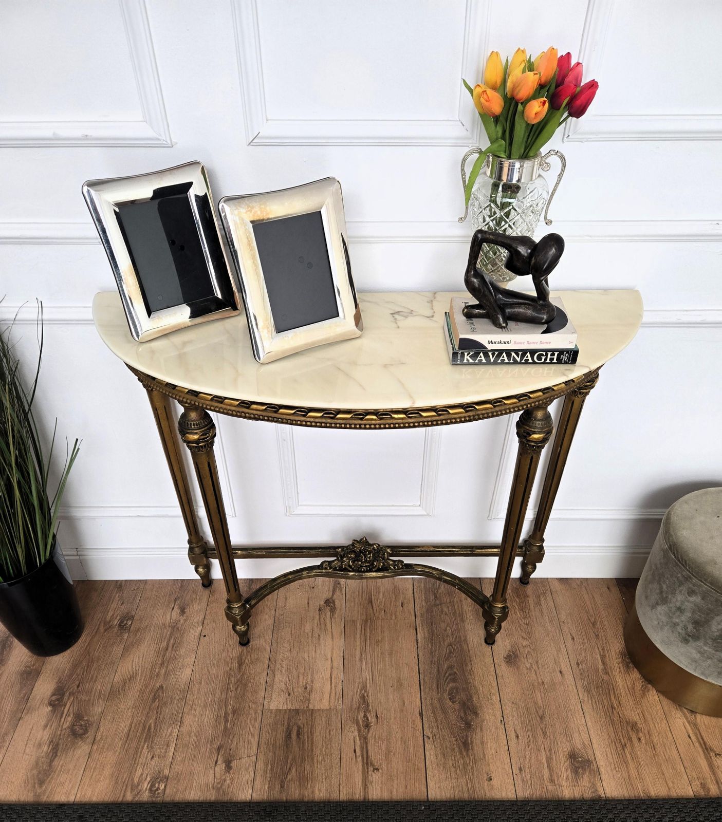 1950s Midcentury Italian Gitl Wood Demi Lune Wall Console Table With Marble Top photo 1388.0