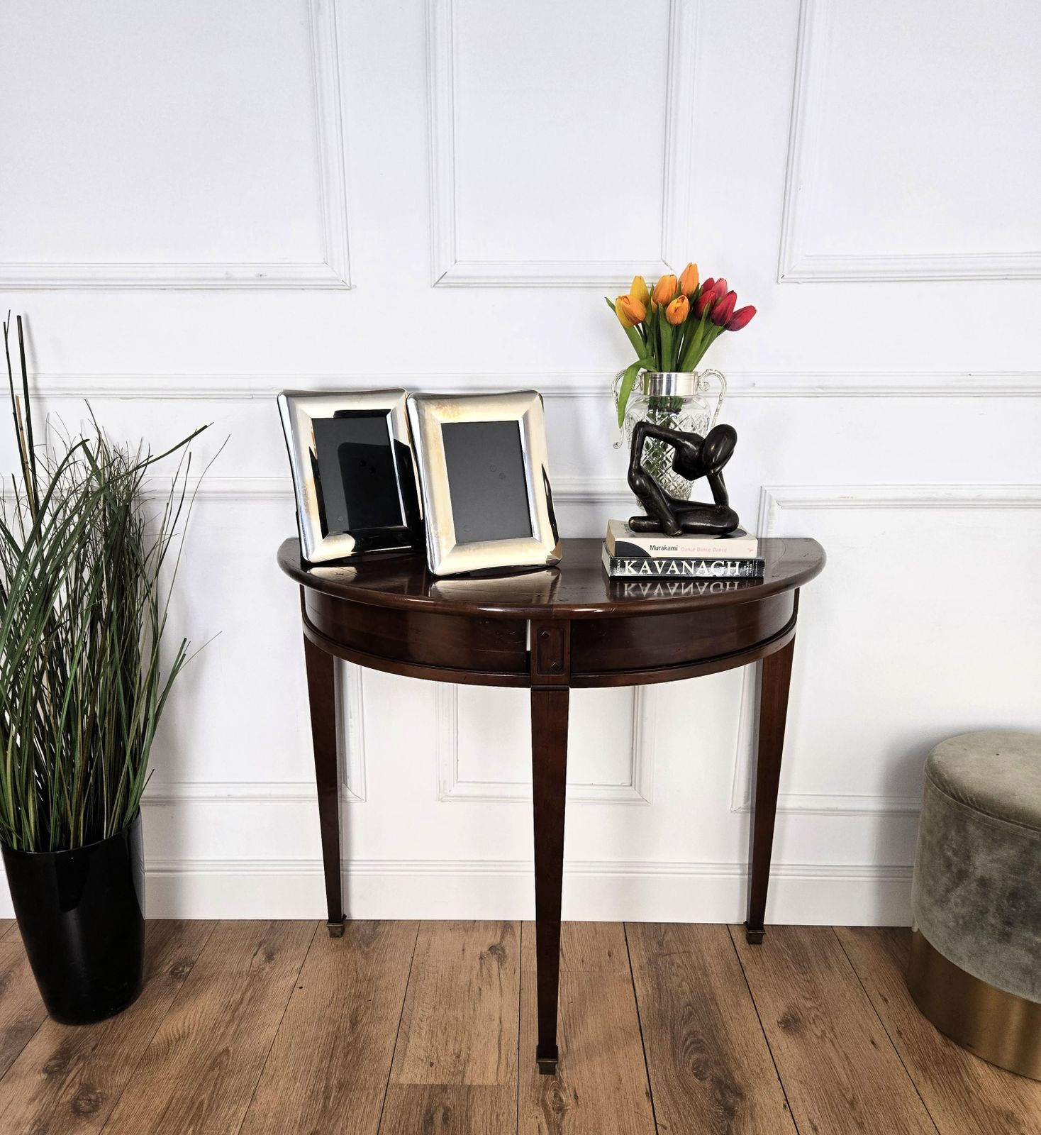 Mid Century Italian Wood Demi Lune Wall Console Side Table With Hidden Drawers photo furniture