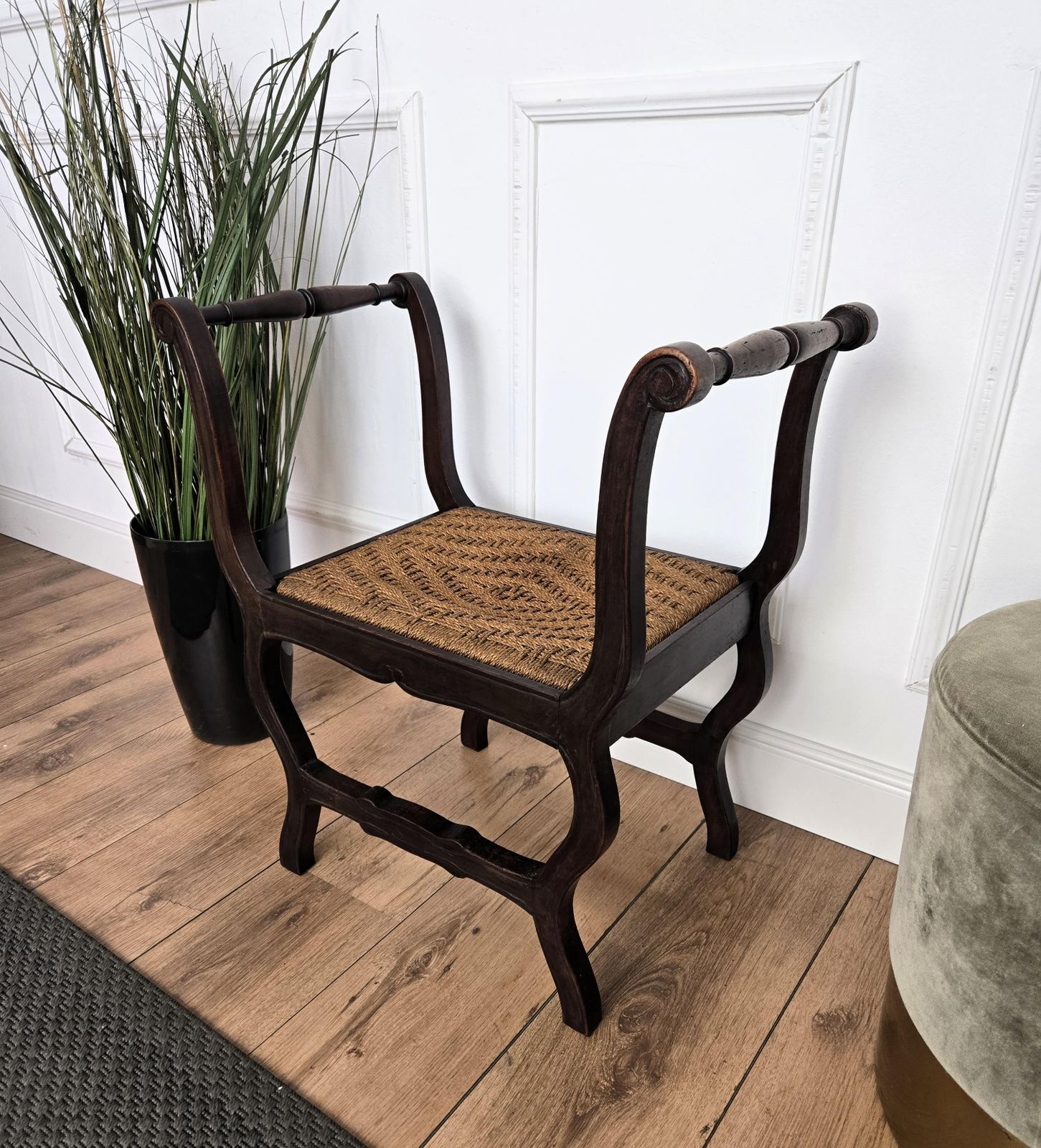 1960s Italian Midcentury Carved Wood And Cord Woven Rope Stool photo furniture