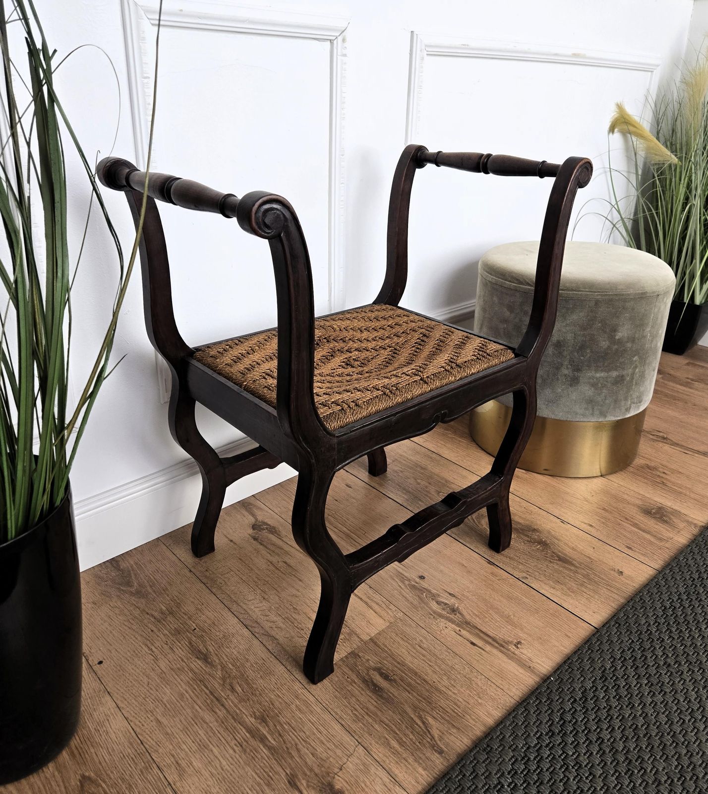 1960s Italian Midcentury Carved Wood And Cord Woven Rope Stool photo for sale