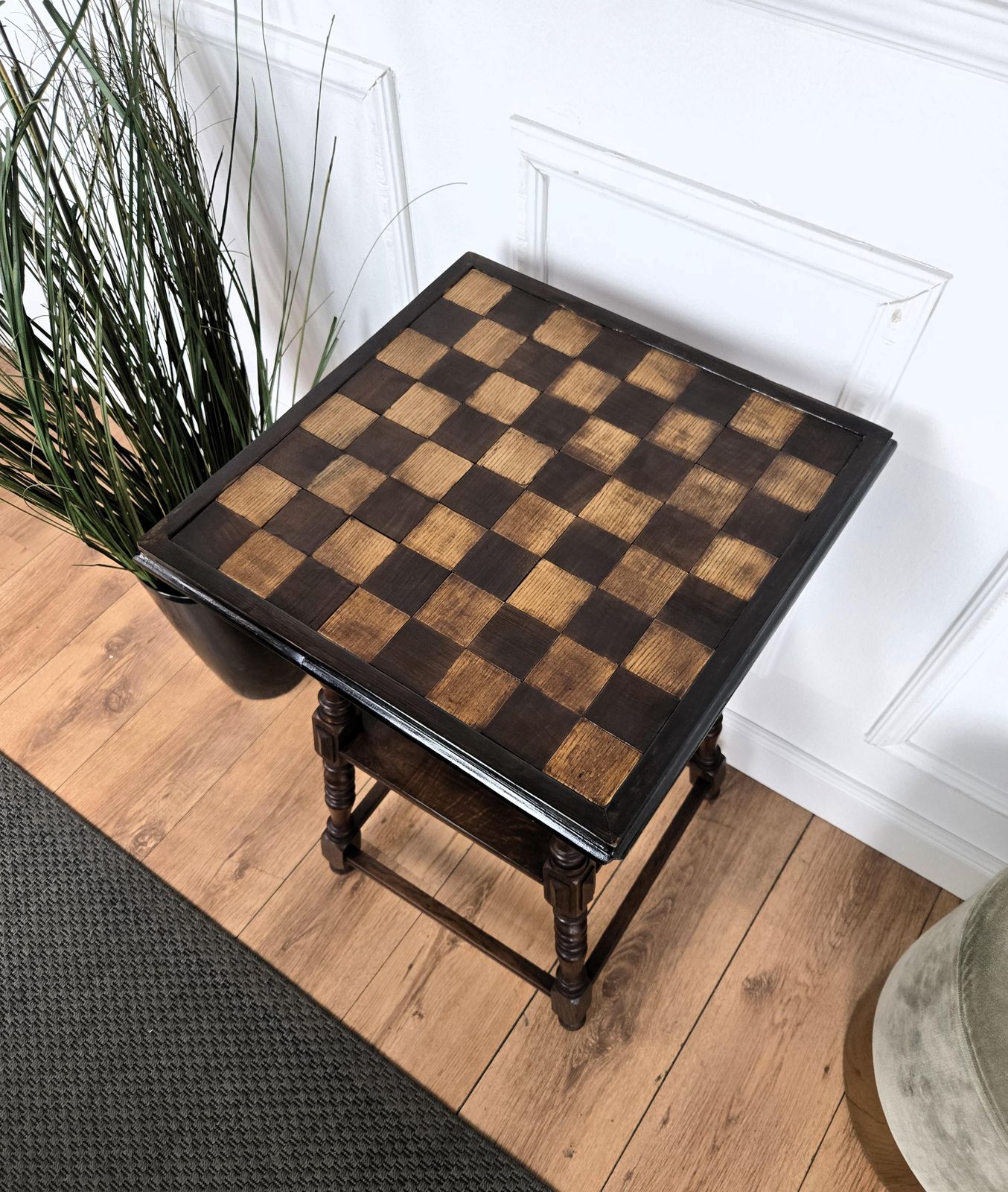 French Carved Oak Chess Game Top Carved Legs Etagere Side Table photo vinterior