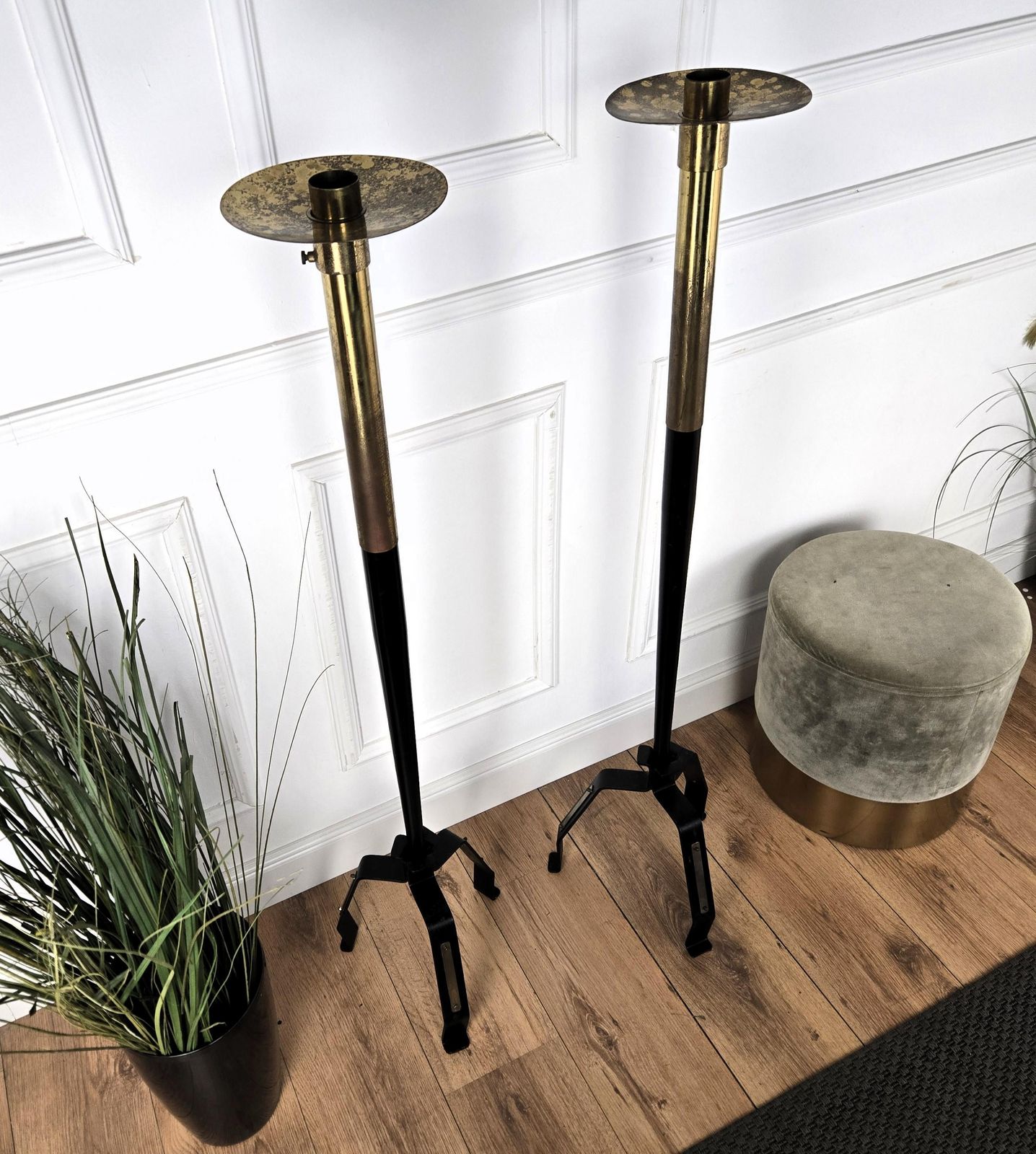 Pair Of Italian Mid Century Modern Deco Tall Floor Candle Holders photo vinterior