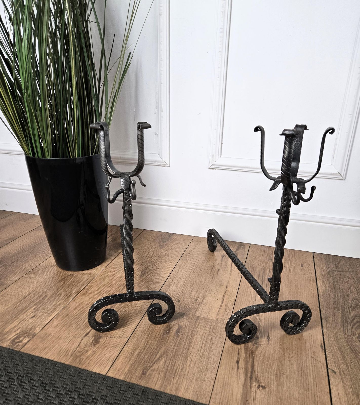 Pair Of Antique Italian Wrought Iron Andirons Fireplace Log Holder photo furniture