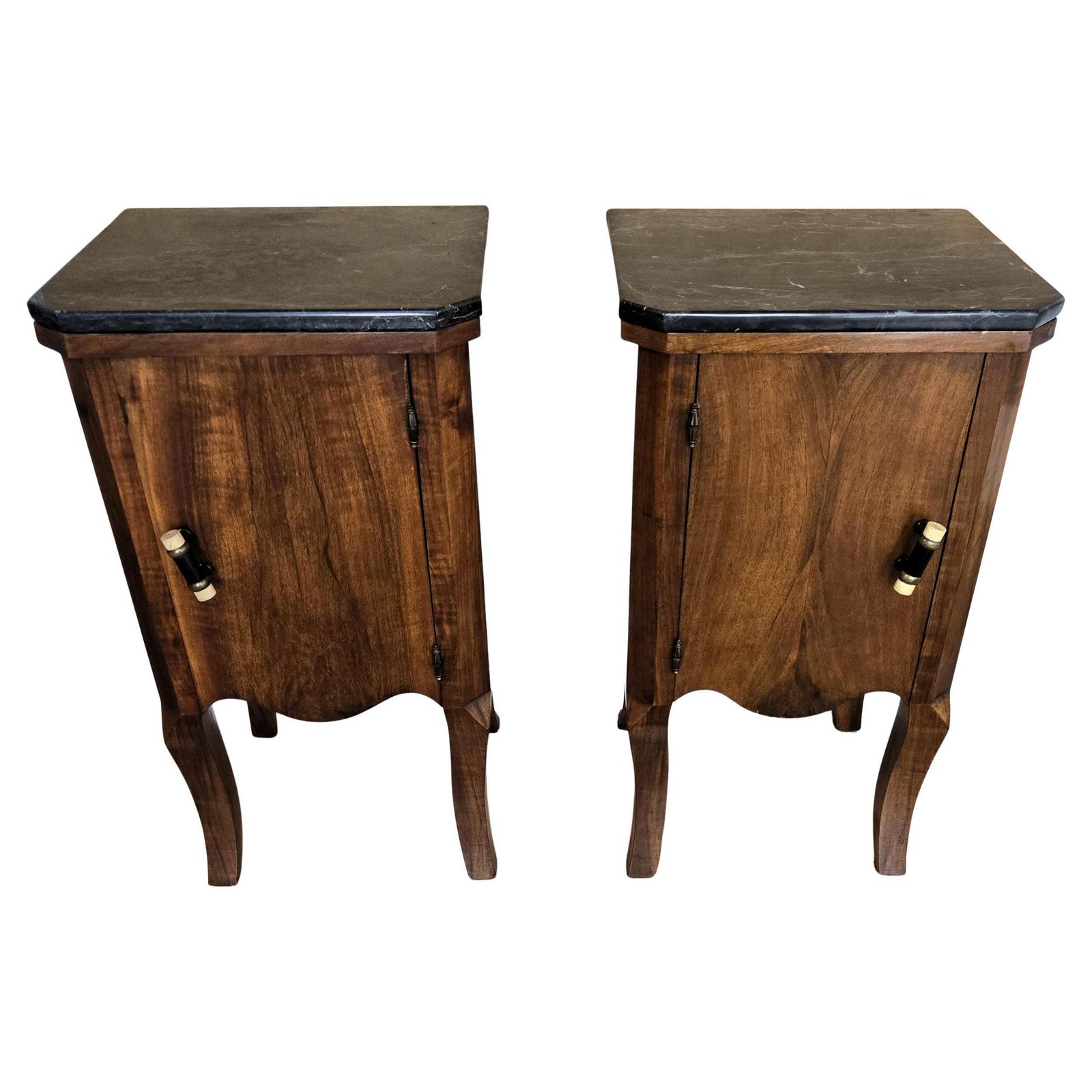 Pair Of Italian Art Deco Night Stands Bed Tables In Burl Walnut Black Marble Top