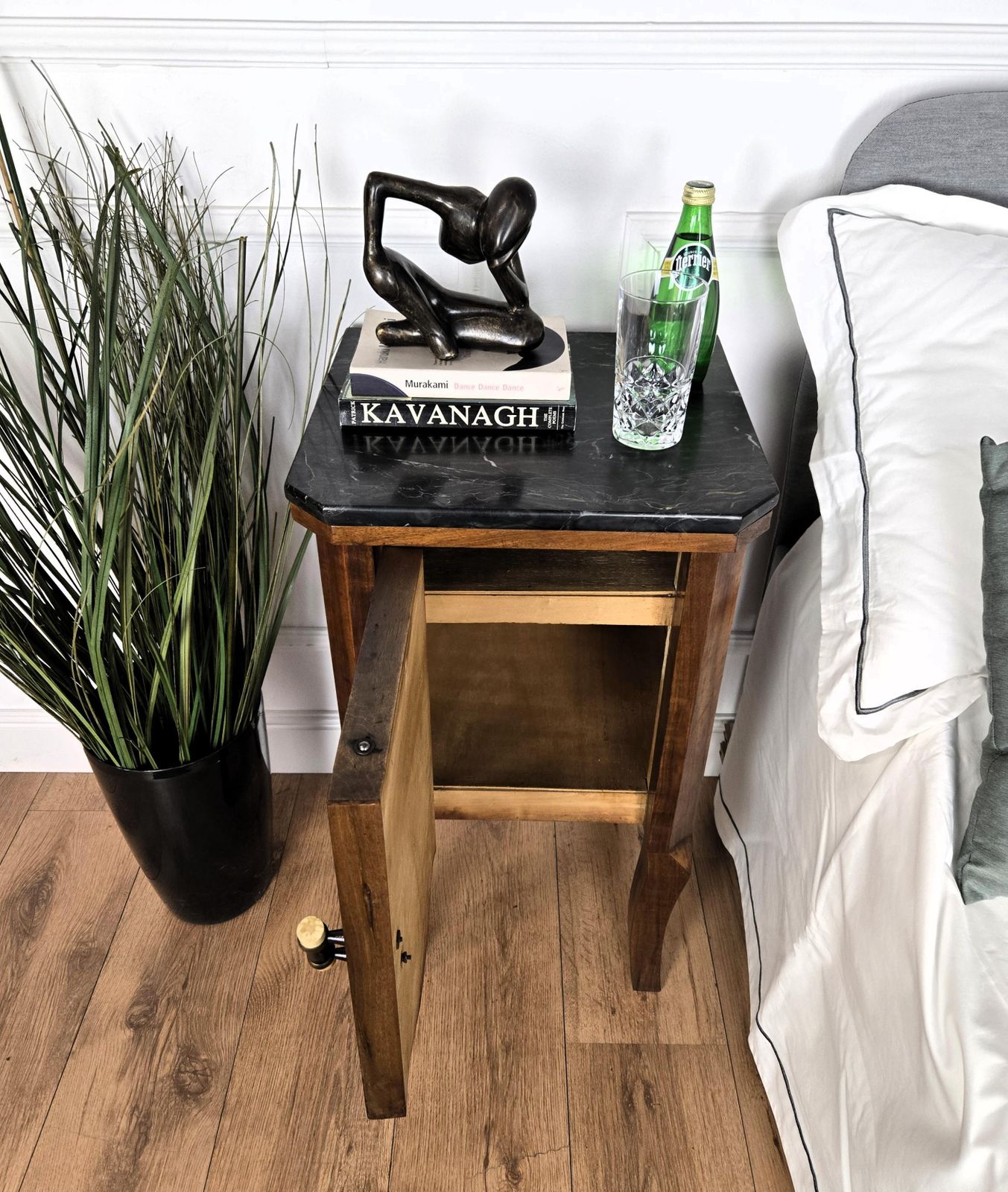 Pair Of Italian Art Deco Night Stands Bed Tables In Burl Walnut Black Marble Top photo for sale