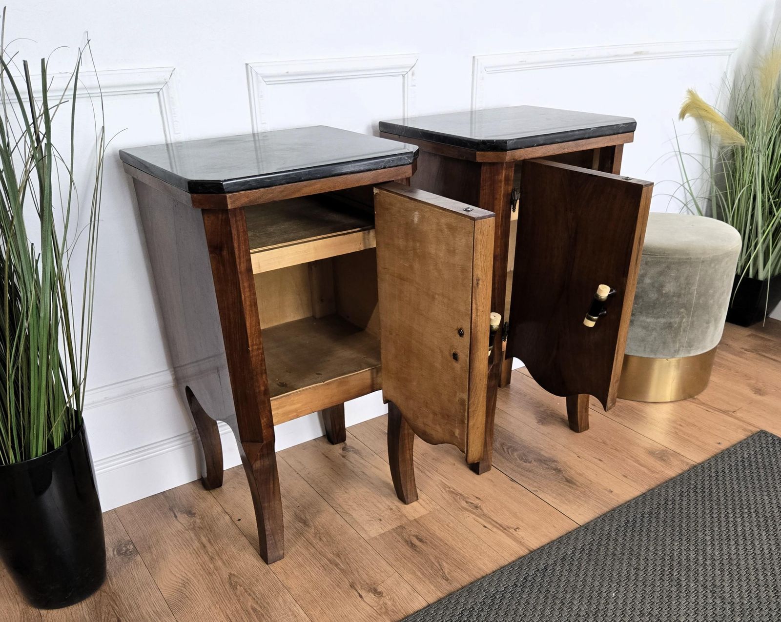 Pair Of Italian Art Deco Night Stands Bed Tables In Burl Walnut Black Marble Top photo buy