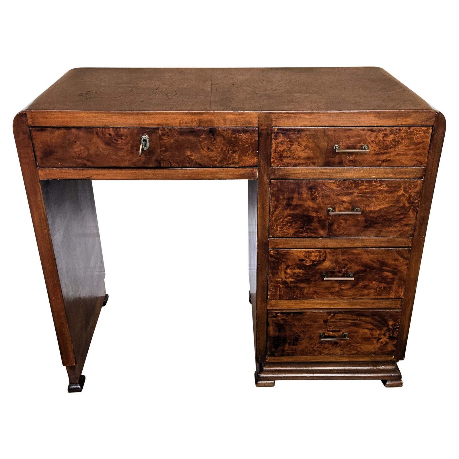 1940s Art Deco Midcentury Italian Walnut Burl Waterfall Writing Desk Table