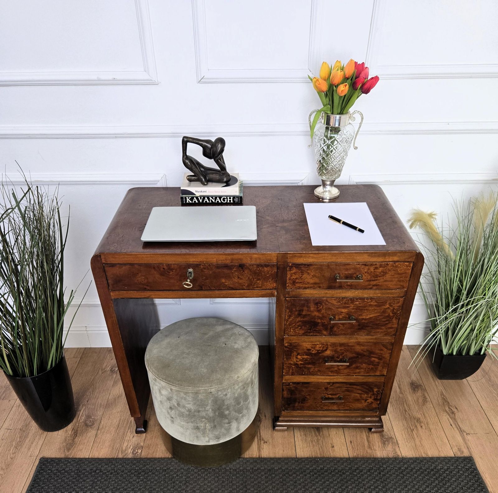 1940s Art Deco Midcentury Italian Walnut Burl Waterfall Writing Desk Table photo for sale