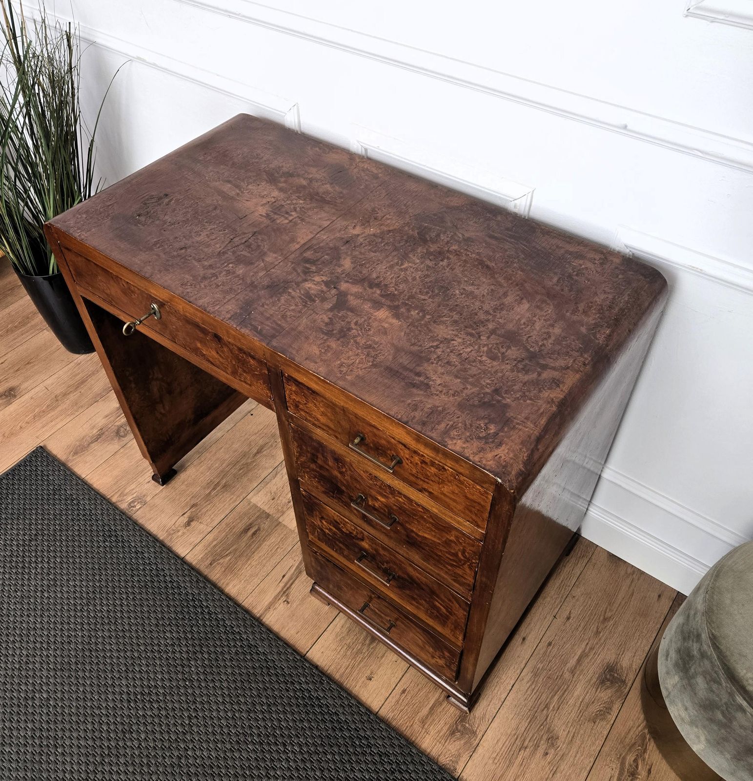 1940s Art Deco Midcentury Italian Walnut Burl Waterfall Writing Desk Table photo vinterior