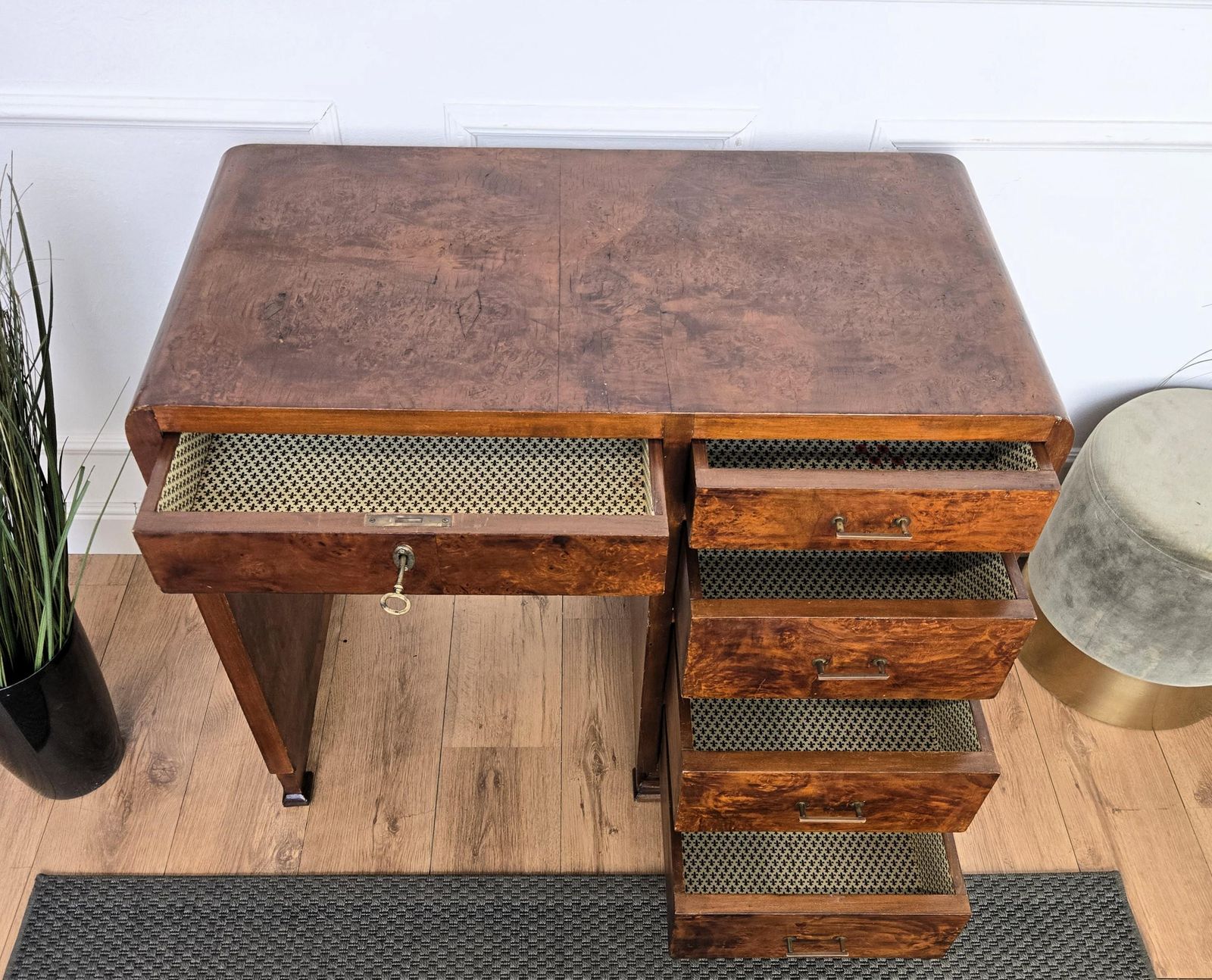 1940s Art Deco Midcentury Italian Walnut Burl Waterfall Writing Desk Table photo vintage