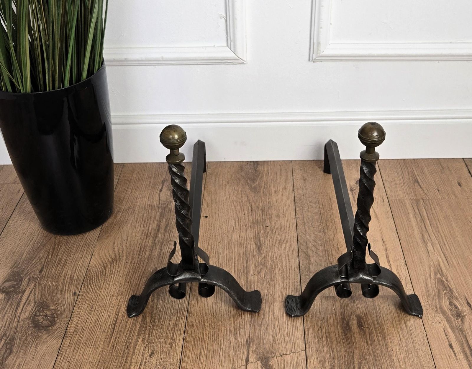 Pair Of Antique Italian Turned Wrought Iron Andirons Fireplace Log Holder photo furniture